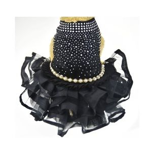 Small Dog or Cat Black Bling Party Dress with Faux Pearls and Tutu skirt. Size S